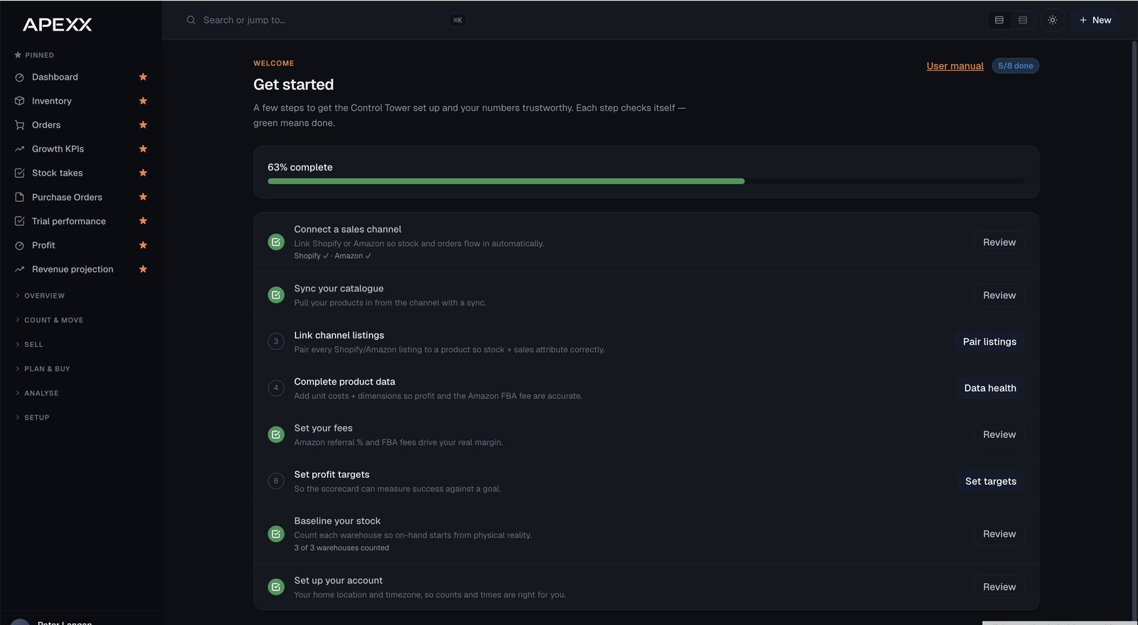 APEXX Control Tower, showing a sidebar with Dashboard, Inventory, Orders, Growth KPIs, Stock takes, Purchase Orders, Profit and Revenue projection.