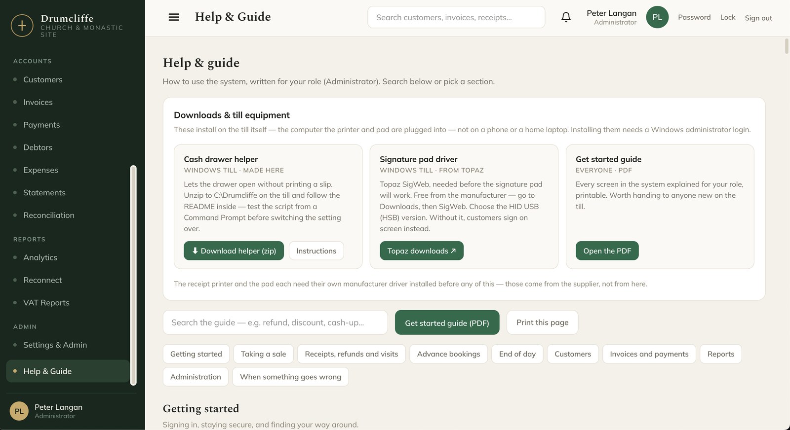 Gatehouse point of sale, showing a sidebar with New Sale, Receipts, Cash-up, Bookings, Tour Groups, Invoices and Debtors.